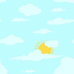 Background Seamless Blue Cloudy Sky With Sun Cartoon Wallpaper Pattern