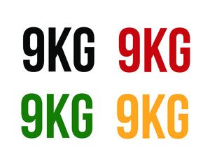 9kg text. Vector with value in kilograms black, red, green and orange on white background.