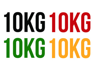 10kg text. Vector with value in kilograms black, red, green and orange on white background.