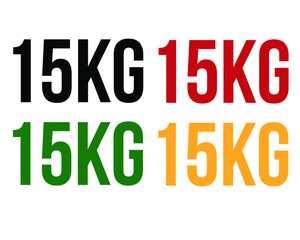 15kg text. Vector with value in kilograms black, red, green and orange on white background.