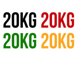 20kg text. Vector with value in kilograms black, red, green and orange on white background.
