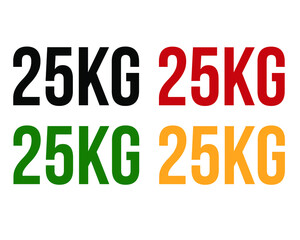 25kg text. Vector with value in kilograms black, red, green and orange on white background.