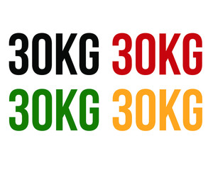 30kg text. Vector with value in kilograms black, red, green and orange on white background.