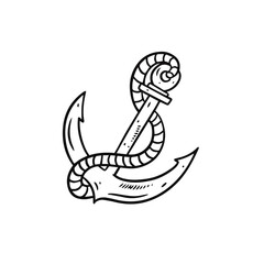 Hand drawn sketch anchor with rope. Black color engraving style.