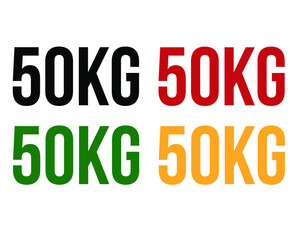 50kg text. Vector with value in kilograms black, red, green and orange on white background.