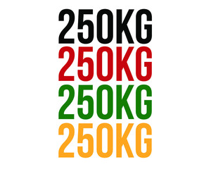 250kg text. Vector with value in kilograms black, red, green and orange on white background.