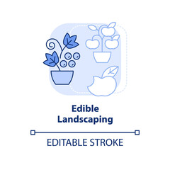 Edible landscaping light blue concept icon. Include food plants. Gardening method abstract idea thin line illustration. Isolated outline drawing. Editable stroke. Arial, Myriad Pro-Bold fonts used