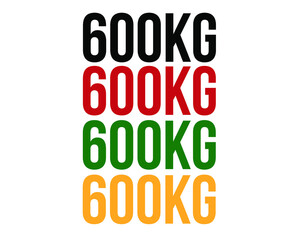 600kg text. Vector with value in kilograms black, red, green and orange on white background.