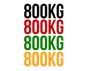 800kg text. Vector with value in kilograms black, red, green and orange on white background.