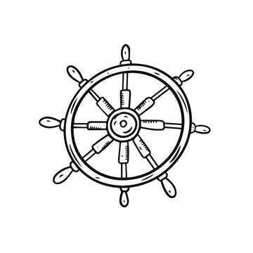 Hand drawn ship wheel. Black color engraving style. Doodle sketch art.