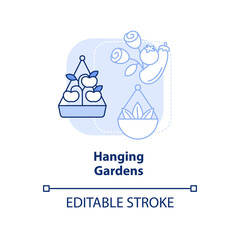 Hanging gardens light blue concept icon. Suspended baskets. Gardening method abstract idea thin line illustration. Isolated outline drawing. Editable stroke. Arial, Myriad Pro-Bold fonts used