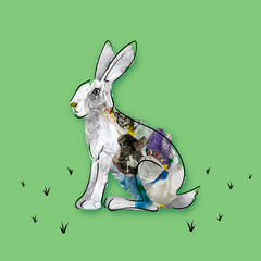 Contemporary conceptual art collage with painted animal hare filled with garbage and plastic waste. Pollution, saving environment, ecology, world social and eco issues © master1305