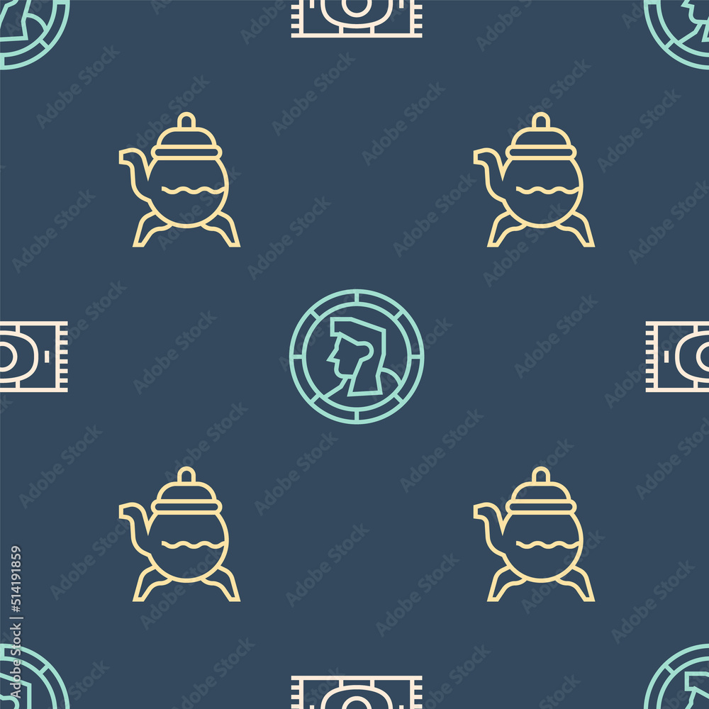 Poster set line classic carpet, teapot and ancient coin on seamless pattern. vector