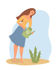 Cute beautiful girl watering a growing plant, a flower, a young tree. Love of gardening. Colorful bright character isolated on white background. Flat, vector illustration.