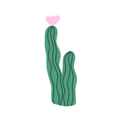 Minimalist vector drawing of cactus with pink flower. Depiction of desert plant. Botanical illustration. 