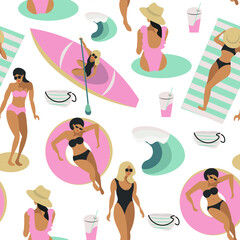Bikini girls, bech, vacation, summer vector seamless pattern isolated on white background. Concept for print, cards, fabric, wallpapers
