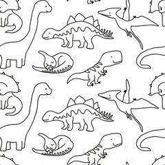 Outline doodle pattern with dinosaurs on white, doodle dino vector pattern. Coloring book pattern.