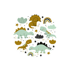 Vignette illustration of cute dinosaurs with stars, clouds on white. Dino poster