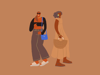 Two dark skin women in fashion trendy clothes on warm brown background. Beige outfits, women bloggers illustration. Beautiful stylish women in pastel comfy fashion looks. Fashion blogger illustration