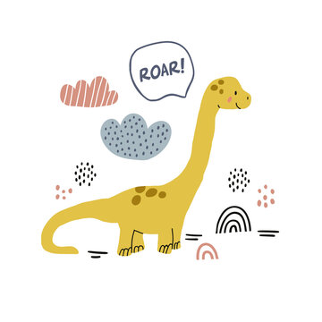 Cute vector illustration of the baby dino smiling with clouds, dots and roar sign on white. Kids poster design with dinosaur
