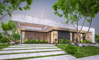 3d rendering of new concrete house in modern style with pool and parking for sale or rent and beautiful landscaping on background. Only one floor. Clear summer evening with cozy light from window