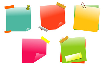 realistic set colorful blank sticky notes with 

pushpins paperclips. yellow post it note with 

adhesive tape. yellow sticky note pinned.

