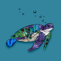 Conceptual artwork with sea animal turtle filled with garbage and plastic waste over blue background. Pollution, saving environment, ecology, world social and eco issues