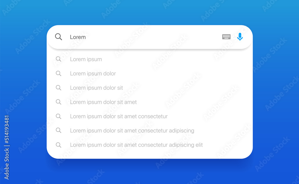 Poster Search Bar with suggestions for UI UX design and web site. Search Address and navigation bar icon. Collection of search form templates for websites. Search engine web browser window template.