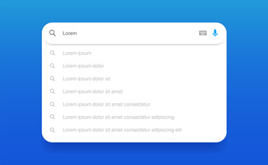 Search Bar with suggestions for UI UX design and web site. Search Address and navigation bar icon. Collection of search form templates for websites. Search engine web browser window template.
