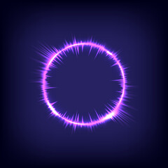 Music wave circle bolt. Technology glowing swirl purple light effect. Magic abstract frame. Power energy of circular element. Luminous sci-fi. Shining neon lights cosmic. Swirl universe trail effect