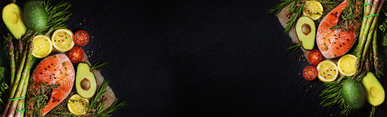 Healthy food for ketogenic diet concept on black background. Foods high in vitamins, minerals and...