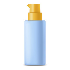 Realistic bottle package vector, blue spray bottle, hair, face, skin cosmetics yellow design, packaging mockup