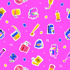 Seamless pattern. Cartoon illustration in a flat style. Dinosaurs with toothpaste, dental floss, toothbrush, irrigator. Ideal for children's clothing, textiles, stickers, T-shirts, wrapping paper.