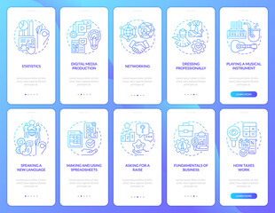 Important skills for life blue gradient onboarding mobile app screen set. Walkthrough 5 steps graphic instructions with linear concepts. UI, UX, GUI template. Myriad Pro-Bold, Regular fonts used