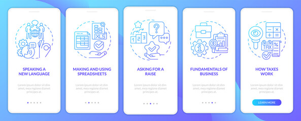 Naklejka premium Experiences blue gradient onboarding mobile app screen. Job and career walkthrough 5 steps graphic instructions with linear concepts. UI, UX, GUI template. Myriad Pro-Bold, Regular fonts used