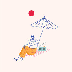 Vinimalist vector illustration. Depiction of a girl in yellow pants relaxing on the beach, under a parasol. Red sun, radio. Vacation. Summer.