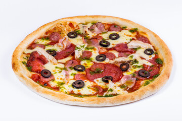 Pizza with cheese, olives, pepperoni sausage, bacon and chicken
