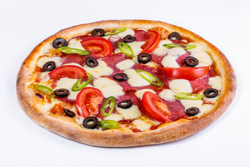 Pizza with cheese, tomatoes, peppers, olives, sausages