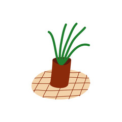 Minimalist vector drawing of housplant in brown pot. Green potted plant. Сheckered napkin in beige color. Decoration for cards, posters.