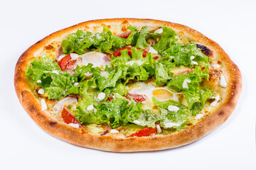 Pizza with fried egg, salad, tomatoes, cheese and pepper