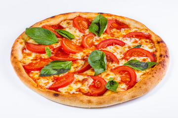 Pizza with tomatoes, cheese, basil and sauce