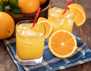 Glass of cold orange juice and sliced oranges