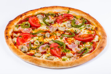 Pizza with tomatoes, cheese, green pepper, mushrooms, bacon and sauce