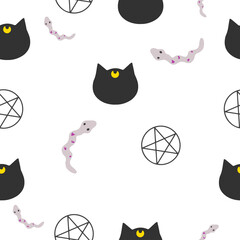 cat snake and pentagram seamless halloween pattern on white