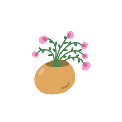 Minimalist vector illustration of pink flowers in light brown vase or pot. Botanical. Decorative element. Cute image for cards, posters.