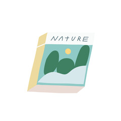 Minimalist vector illustration depicting book or notebook or magazine with lettering "Nature" on the cover. Landscape with trees and sun.