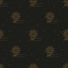 Seamless pattern with golden shining sun in hand. Vector illustration on dark background