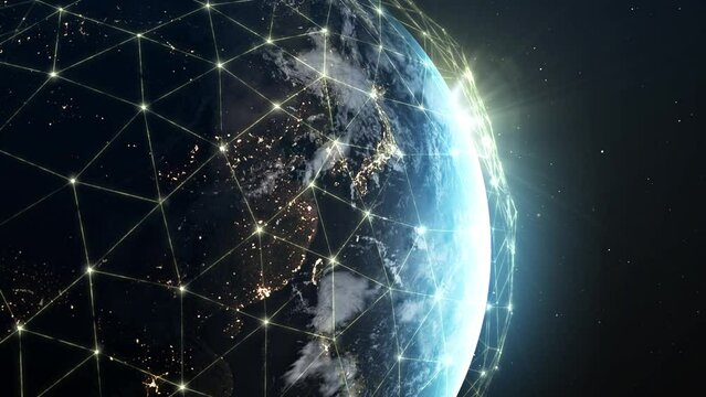 Global network of interconnecting lines and dots, visualizing the exchange of digital data, covers the entire surface of the planet earth. Worldwide Business,  International Network,  Big Data Cloud.