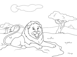 Large lion lies in the African savannah. Children coloring page full page, ready for printing.