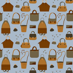 Seamless pattern with different types of bags. Design for wrapping paper or textile. Colorful vector illustration in flat style.